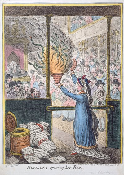 Pandora otevírá svou skříňku, vydala Hannah Humphrey, 1809 (ručně kolorovaný lept) od James Gillray