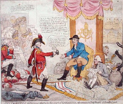 Pantagruelův vítězný návrat na dvůr Gargantua po vyhlazení Soup-Meagres of Bouaille Land, který vydala Hannah Humphrey v roce 1794 (ručně kolorovaný lept) od James Gillray