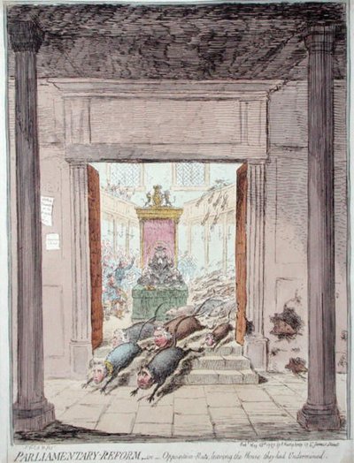 Parlamentní reforma aneb opoziční krysy opouštějící sněmovnu, kterou podkopali, publikovala Hannah Humphrey v roce 1797 (ručně kolorovaný lept) od James Gillray