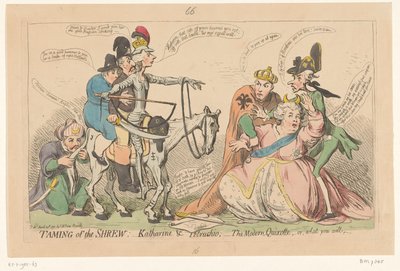 Pitt jako Don Quijote děsí Kateřinu Velikou, 1791 Zkrocení zlé ženy:- Katharine & Petruchio: - moderní Quijotte, aneb co chcete (název na předmětu) od James Gillray