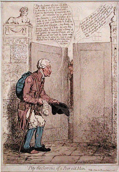 Lítost nad smutkem ubohého starce, vydala Hannah Humphrey v roce 1796 (ručně kolorovaný lept) od James Gillray