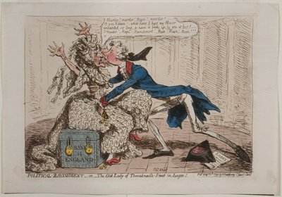 Political Ravishment, aneb Stará dáma Threadneedle Street v ohrožení!, vydal Hannah Humphrey, 1797 (ručně kolorovaný lept) od James Gillray