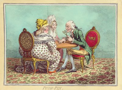 Push-Pin, publikoval Hannah Humphrey v roce 1797 (ručně kolorovaný lept) od James Gillray