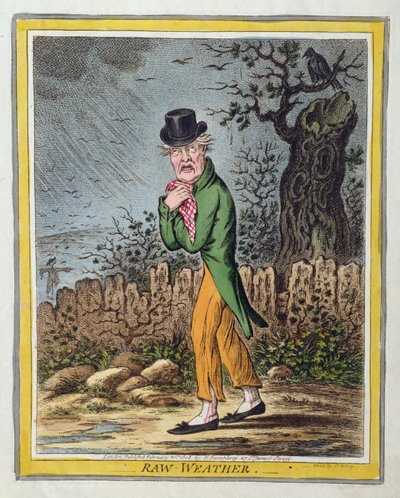 Raw Weather, vydané Hannah Humphrey v roce 1808 (ručně kolorovaný lept) od James Gillray