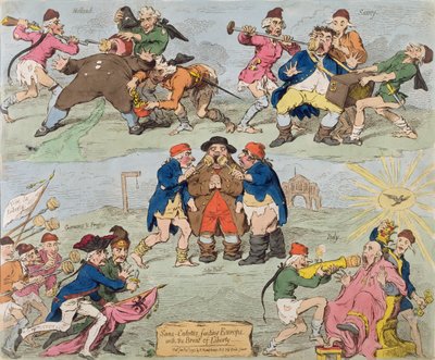 Sans-Culottes Feeding Europe with the Bread of Liberty, vydala Hannah Humphrey v roce 1793 (ručně kolorovaný lept) od James Gillray