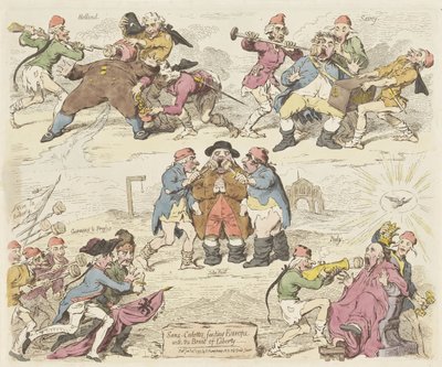 Sans-culottes krmí Evropu chlebem svobody, 1793 Sans-culottes, krmení Evropy chlebem svobody (název na předmětu) od James Gillray