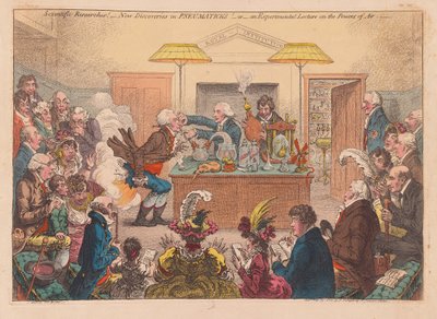 Vědecké výzkumy! Nové objevy v pneumatice! Nebo Experimentální přednáška o Powers osf Air, hospoda. 1802 (ručně kolorovaná rytina) od James Gillray