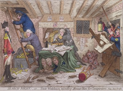 Search Night, aneb The State Watchmen Mistaking Honest-men for Conspirators, vydané Hannah Humphrey v roce 1798 (ručně kolorovaný lept) od James Gillray