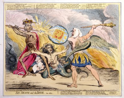 Sin, Death, and the Devil, publikovala Hannah Humphrey v roce 1792 (ručně kolorovaný lept) od James Gillray