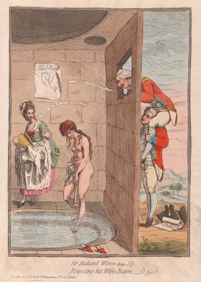 Sir Richard Worse-than-Sly, Odhalování dna svých manželek - O fye!, hospoda. 1782 (ručně kolorovaná rytina) od James Gillray