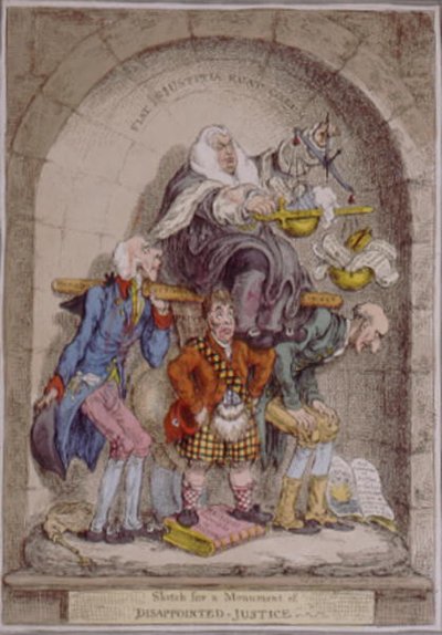 Sketch for a Monument of Disappointed Justice, publikovala Hannah Humphrey v roce 1806 (ručně kolorovaný lept) od James Gillray