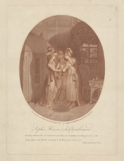 Sophia, Honour, and the Chambermaid, scéna z Toma Jonese od Henryho Fieldinga (1707-54) (tečkovaná rytina) od James Gillray