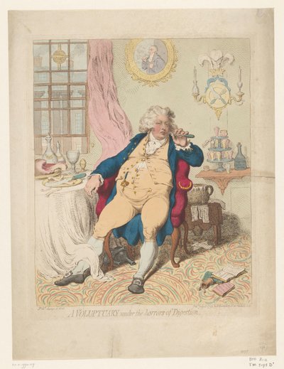 Spotpret na George IV, 1792 Voluptuary under the horrors of Digestion (název na předmětu) od James Gillray