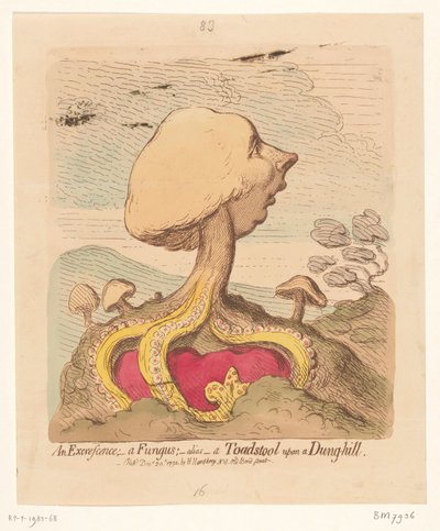 Karikatura Williama Pitta mladšího, 1791 Výrůstek; - houba; -alias- Muchomůrka na kopci hnoje od James Gillray