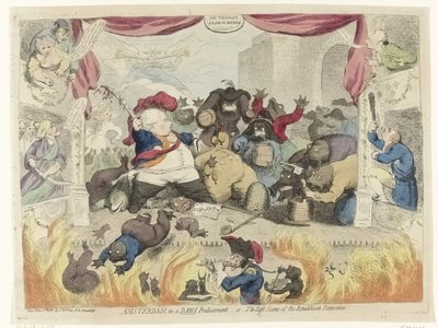 Karikatura paniky mezi patrioty po uzdravení stadtholdera Williama V., 1787 Amsterdam ve svízelné situaci, - nebo - Poslední scéna republikánské pantomimy (název na objektu) od James Gillray