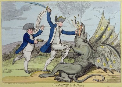 St. George and the Dragon, vydal Hannah Humphrey v roce 1782 (ručně kolorovaný lept) od James Gillray