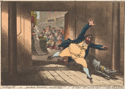 Útěk; – aneb – Rozvážné odtržení. „Odvážný náčelník, první na útěku“ od James Gillray