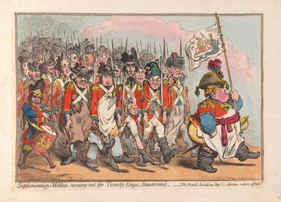 Doplňková milice, vyráží na Twenty Days Amusement, hospoda. 1796 (ručně kolorovaná rytina) od James Gillray