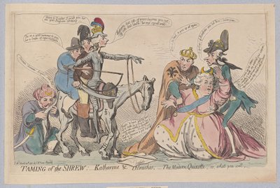 Zkrocení zlé ženy: Katherine & Petruchio; The Modern Quijotte, nebo co chcete, hospoda. 1791 (ručně kolorovaná rytina) od James Gillray
