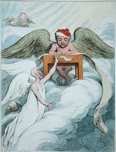 The Accusing Spirit and the Recording Angel, vydané Hannah Humphrey v roce 1791 (ručně kolorovaný lept) od James Gillray