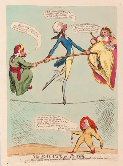 Rovnováha moci aneb Potomstvo nesmrtelného Chathama, střídá Postava mistra, vyd. 1791 (ručně kolorovaná rytina) od James Gillray