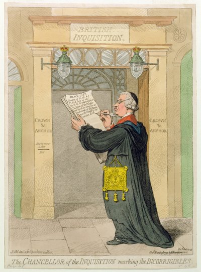 Kancléř inkvizice označující inkviziční soudce, vydala Hannah Humphrey v roce 1793 (ručně kolorovaný lept) od James Gillray