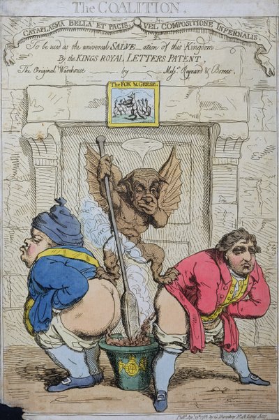 The Coalition, vydal G. Humphrey v roce 1783 (ručně kolorovaný lept) od James Gillray
