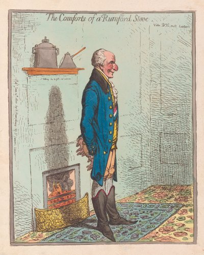 The Comforts of a Rumford Stove, pub 1800 (ručně kolorovaná rytina) od James Gillray