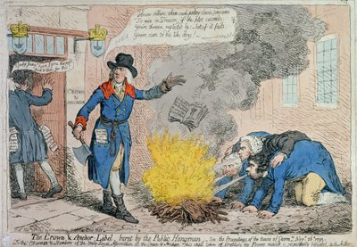 The Crown und Anchor Libel burnt by the Public Hangman, vydáno Hannah Humphrey v roce 1795 (ručně kolorovaný lept) od James Gillray