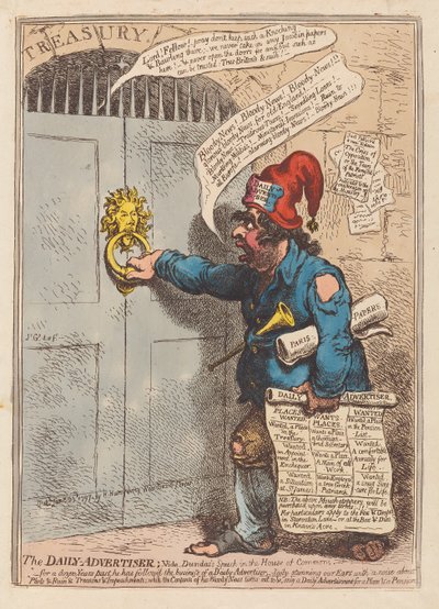 The Daily Advertiser, pub. 1797 (ručně kolorovaná rytina) od James Gillray