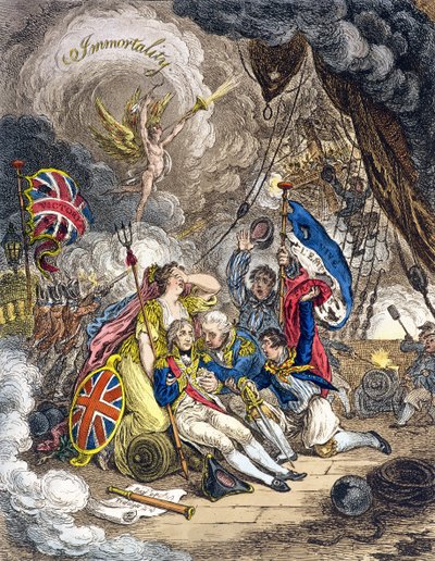 Smrt admirála lorda Nelsona v okamžiku vítězství! vydal Hannah Humphrey v roce 1805 (ručně kolorovaný lept) od James Gillray