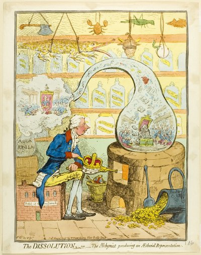 Rozpuštění aneb Alchymista vytváří éterickou reprezentaci od James Gillray