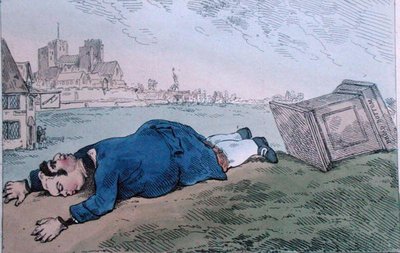 The Fall of Dagon, aneb Rare News for Leadenhall Street, publikoval William Humphrey v roce 1784 (ručně kolorovaný lept) od James Gillray