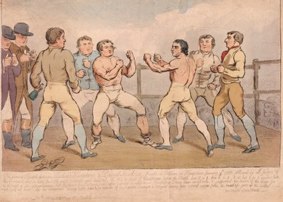 Slavná bitva mezi Richardem Humphreysem a Danielem Mendozou, 9. ledna 1788, pub. 1788 (ručně kolorovaná rytina) od James Gillray
