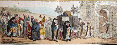 The Funeral Procession of Broad-Bottom, publikoval Hannah Humphrey v roce 1807 (ručně kolorovaný lept) od James Gillray