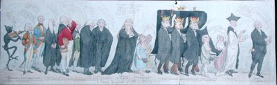 Pohřební průvod slečny Regency, vydaný S.W. Fores v roce 1789 (ručně kolorovaný lept) od James Gillray