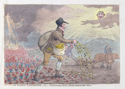 The Generae of Patriotism, nebo The Bloomsbury Farmer planting Bedfordshire Wheat, pub. 1796 (ručně kolorovaná rytina) od James Gillray