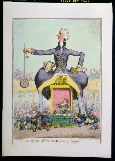 Giant Factotum se baví, vydal Hannah Humphrey v roce 1797 (ručně kolorovaný lept) od James Gillray