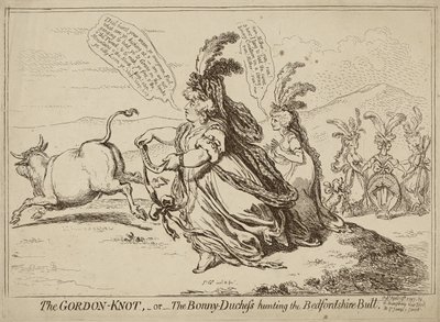 The Gordon Knot aneb The Bonny-Duchess Hunting the Bedfordshire Bull, vydáno 29. dubna 1797 (lept na tkaném papíře) od James Gillray