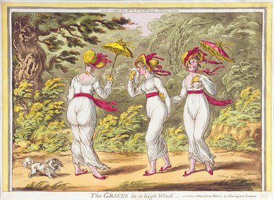 The Graces in a High Wind, Scéna převzatá z Nature v Kensington Gardens, hospoda. od Hannah Humphrey, 1810 od James Gillray