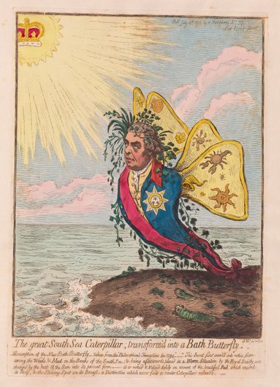 Hospoda The Great South Sea Caterpillar, přeměněná na Bath Butterfly. 1792 (ručně kolorovaná rytina) od James Gillray