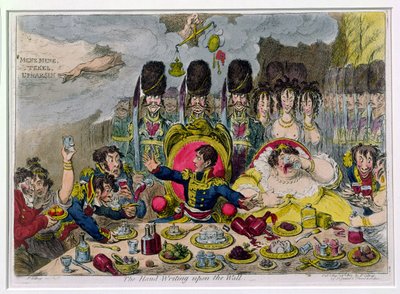 The Hand-Writing on the Wall, vydané Hannah Humphrey v roce 1803 (ručně kolorovaný lept) od James Gillray