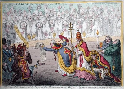 Uvedení papeže do konvokace v Oxfordu od kardinála Broad-Bottoma, vydané Hannah Humphreyovou v roce 1809 (ručně kolorovaný lept) od James Gillray