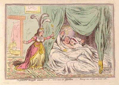 Detekován Jersey Smuggler, aneb Dobrý důvod pro Separaci, Manželské sliby jsou falešné jako Dicerovy přísahy, hospoda. 1796 (ručně kolorovaná rytina) od James Gillray