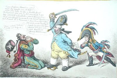 Velkorysý ministr Chastising Prussian Perfidy, publikoval Hannah Humphrey v roce 1806 (ručně kolorovaný lept) od James Gillray