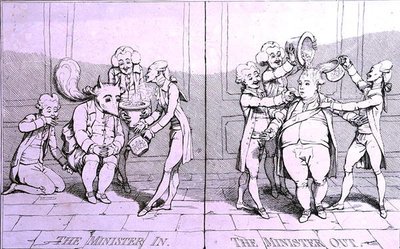 The Minister In - The Minister Out, publikoval William Humphrey v roce 1782 (lept) od James Gillray