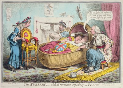Školka! s Britannia reposing in Peace, vydané Hannah Humphrey v roce 1802 (ručně kolorovaný lept) od James Gillray