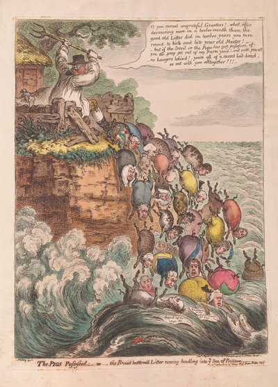 The Pigs Possessed: or the Broad bottomd Litter running headlong into the Sea of Perdition (Posedlá prasata aneb Široký spodek běží střemhlav do moře zkázy), pub. 1807 (ručně kolorovaná rytina) od James Gillray