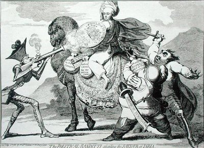 The Political Banditti Assailing the Saviour of India, publikoval W. Holland v roce 1786 (lept) od James Gillray