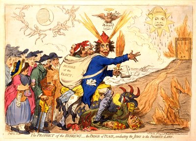 Prorok Hebrejců - Kníže míru, který vede Židy do zaslíbené země, nakl. Hannah Humphrey, 1795 (ručně kolorovaná rytina) od James Gillray